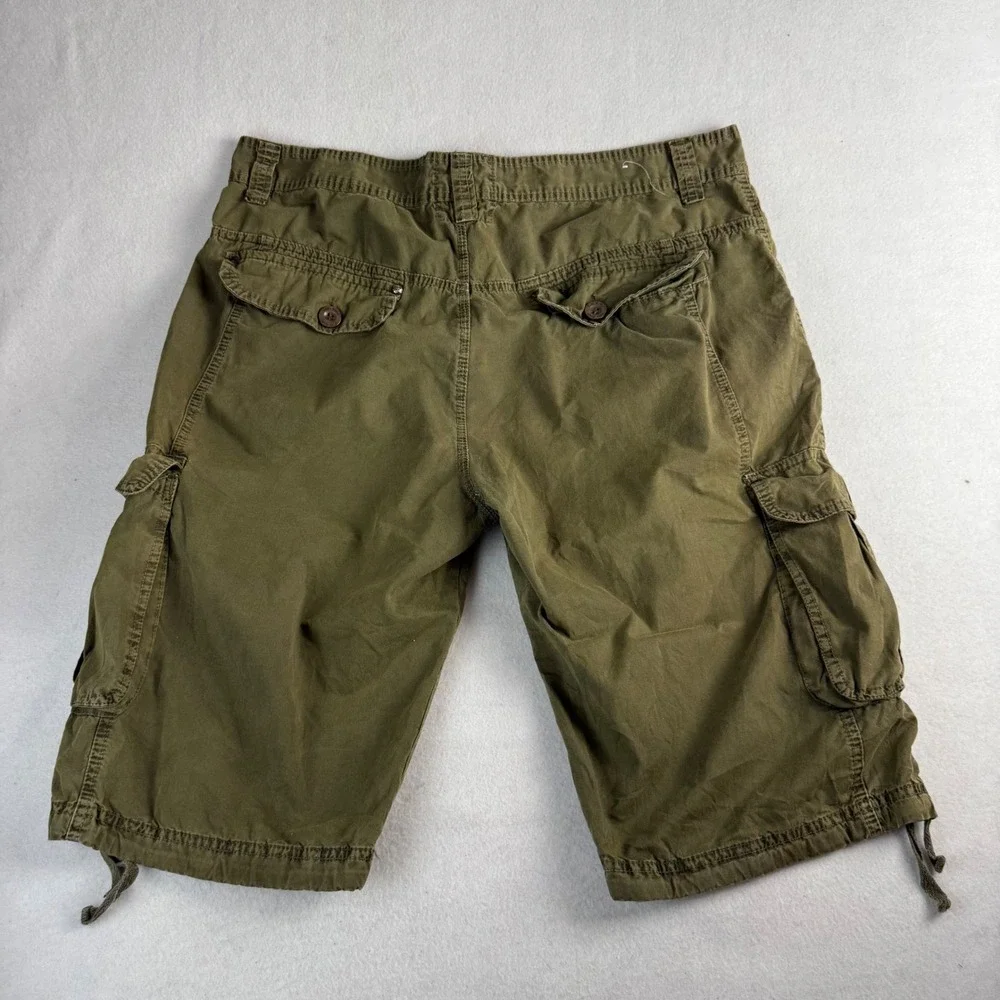 FUSAI Men's Olive Green Cotton Cargo Shorts Size 38 Relaxed Fit Drawstring Hem